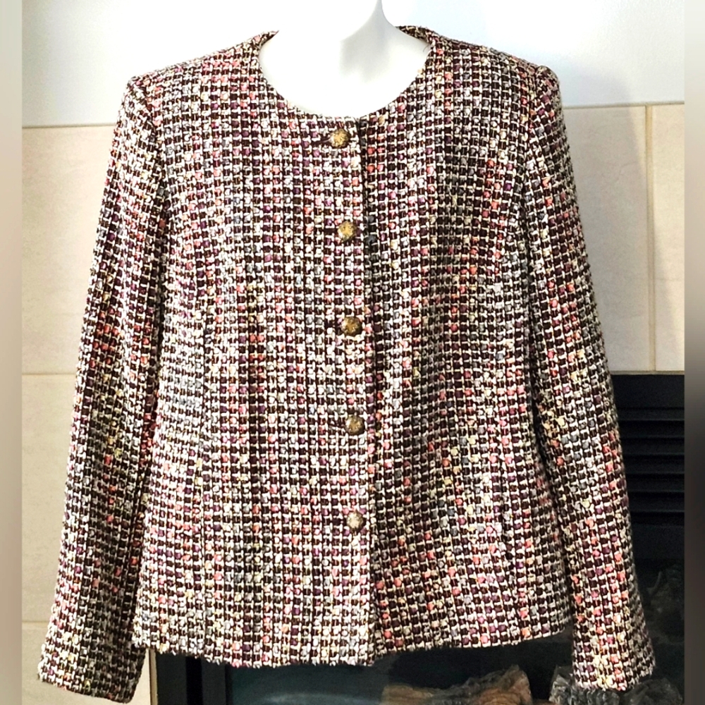 Koret Multi Color Tweed Blazer, Round Neck Jacket, Classic Outwear, Size 10